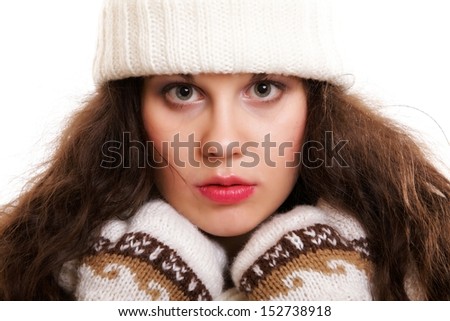 winter fashion portrait beautiful woman in warm clothing in hat muffler isolated on white background