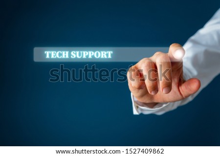 Male finger pointing at a search bar on virtual interface with Tech support words in it. Over navy blue background.