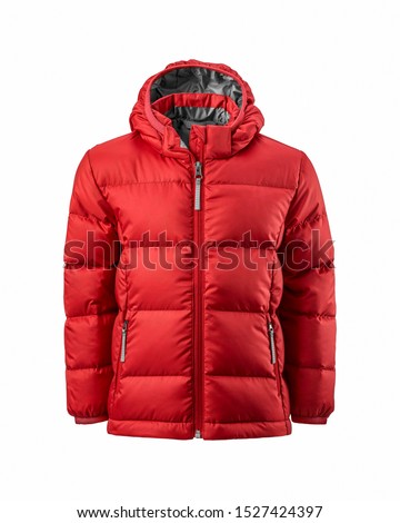 Kids' red hooded warm sport puffer jacket isolated over white background. Ghost mannequin photography Royalty-Free Stock Photo #1527424397