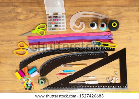 Top view of instruments and accessories for working fashion design - fashion designer