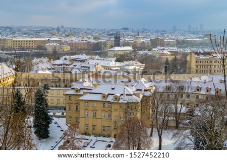 winter landscape with buildings in Prague, Czech Republic from above