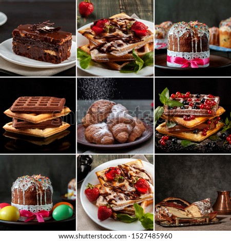 Nine different pictures of cakes, sweets and pastries collected in a collage