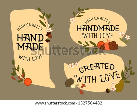 Handmade With Love High Quality Bubbles decorated with jrganic food, leaves, flowers. Vector isolated graphic design element. Handwritten calligraphy, lettering text, cute, cartoon, cosy illustration