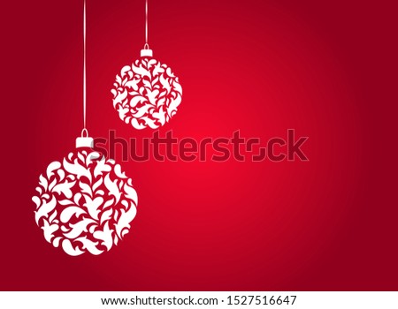 Red holiday background with ornate Christmas balls with floral ornament. vintage flat icon. Holiday greeting card. New year clip art. Vector  illustration