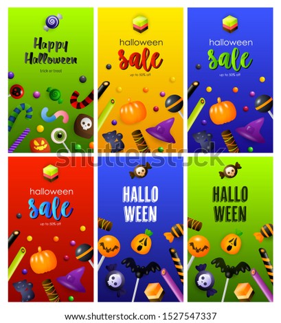 Halloween red, green, blue banner set with sweets. Halloween, October, trick or treat. Lettering can be used for greeting cards, invitations, announcements