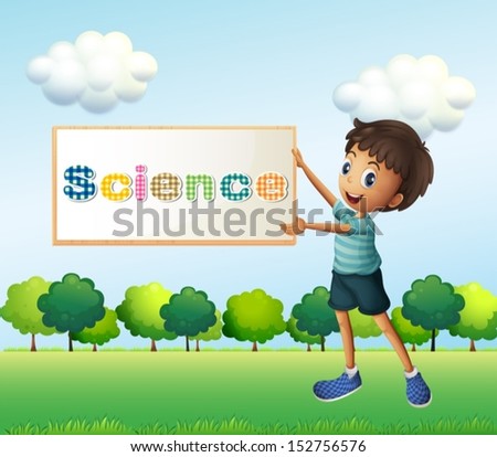 Illustration of a boy holding a science signage