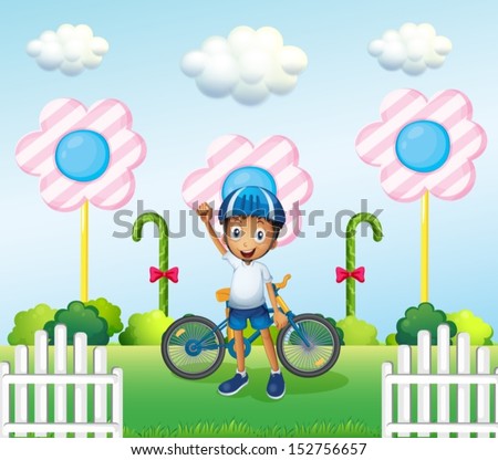 Illustration of a happy boy at the candyland with his bike