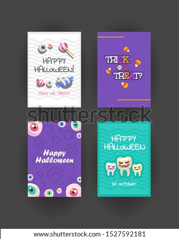 Happy Halloween postcards cartoon design templates set. Cute creepy autumn holiday posters printable layouts pack. Creative spooky backgrounds with lettering for Halloween greeting cards
