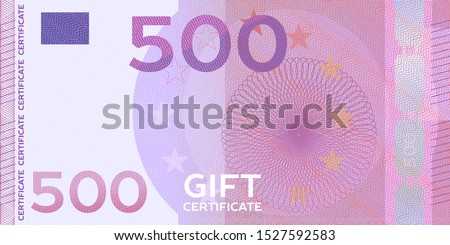 Voucher template banknote 500 with guilloche pattern watermarks and border. Violet background for gift voucher, coupon, money design, currency, note, check, reward, certificate design Royalty-Free Stock Photo #1527592583