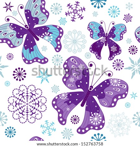 Christmas seamless white pattern with butterflies  and snowflakes (vector)
