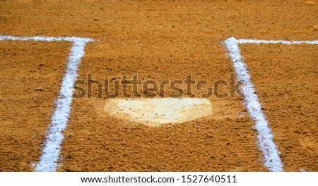 Close up of home plate in baseball or softball diamond with white chalk outlines for batters boxes. Photo from catcher's perspective.