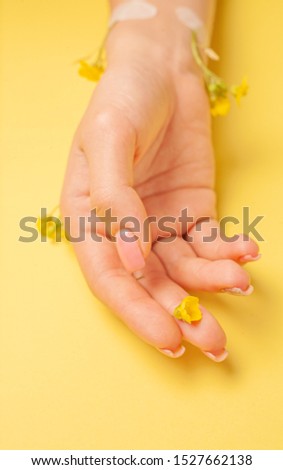 Hands art flower natural cosmetics women, yellow beautiful, spring flowers hand with bright contrast makeup, hand care. Fashion, creative beauty photo girl sitting at table,  yellow  background.
