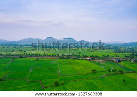 Aerial green nature of rice field, mountain and blue sky with cloud in Kanchanaburi province, Thailand