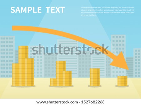 Money loss vector illustration, flat cartoon cash with down arrow stocks graph, concept of financial crisis, market fall, bankruptcy, budget recession, investment expenses, bad economy reduction