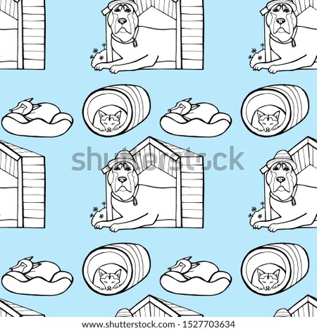 Seamless pattern. Dogs vector line hand draw illustration. Dog houses isolated.
