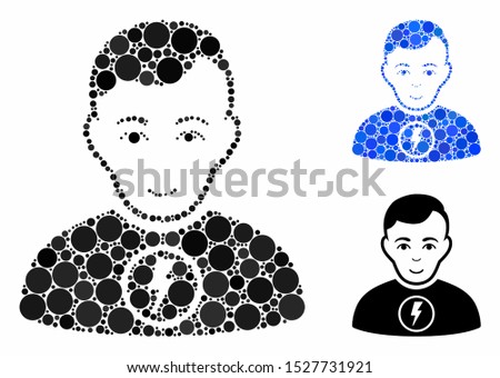Power man mosaic of small circles in different sizes and color tinges, based on power man icon. Vector small circles are united into blue mosaic. Dotted power man icon in usual and blue versions.