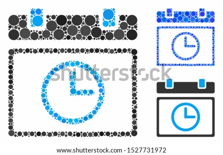 Date time composition of filled circles in various sizes and color tones, based on date time icon. Vector random circles are combined into blue composition.
