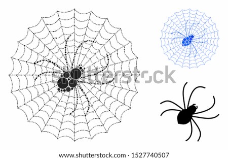 Spider net composition of filled circles in various sizes and color tones, based on spider net icon. Vector small circles are composed into blue composition.