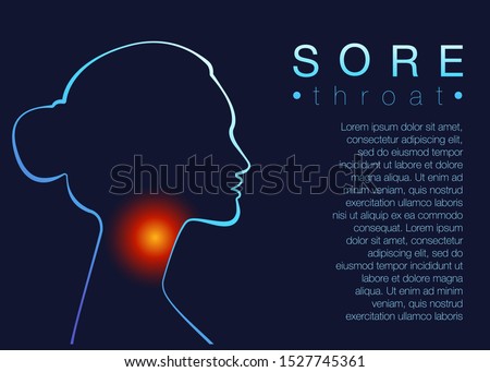 Template for medical brochure Sore throat with text space. Woman silhouette throat irritation, sore throat, symptom of flu, health problems. Vector illustration in neon light style, concept human head Royalty-Free Stock Photo #1527745361
