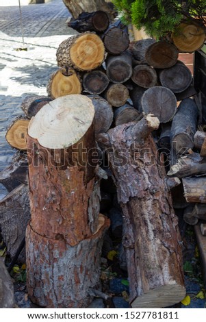 Fresh cut wood stock, logs, firewood at streets of Old Town. Baku, Azerbaijan