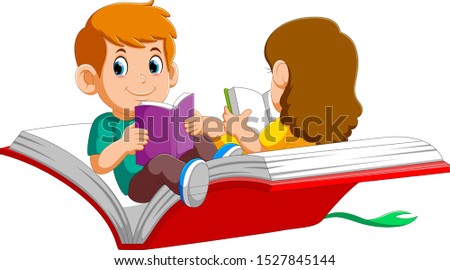 Boy and girl child flying on a big open book