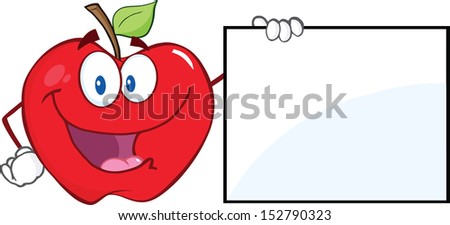 Happy Apple Cartoon Character Showing A Blank Sign. Raster Illustration