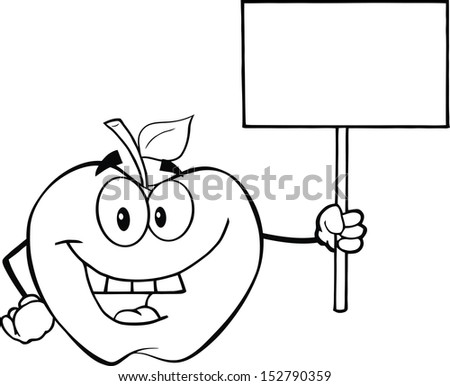 Black And White Apple Cartoon Character Holding Up A Blank Sign. Raster Illustration