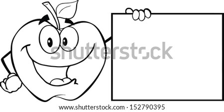 Black And White Apple Cartoon Character Showing A Blank Sign. Raster Illustration