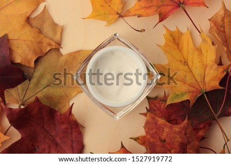 Closeup of a moisturiser in a glass jar surrounded by dry leaves. Concept of fall skincare.