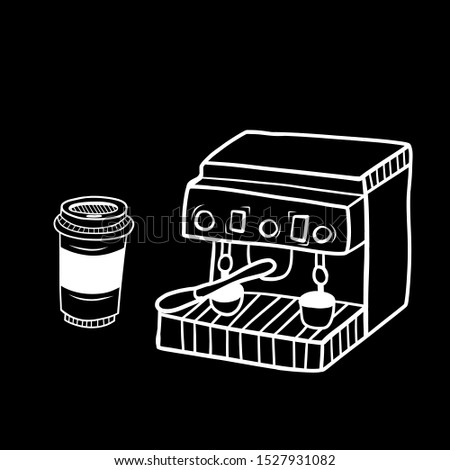 Hand drawn coffee machine with glass of coffee isolated on a black. Sketch. Coffee concept. Vector illustration.
