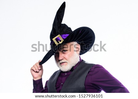 Wizard costume hat Halloween party. Senior man white beard celebrate Halloween. Magician witcher old man. Magic concept. Experienced and wise. Magic spell. Halloween tradition. Cosplay outfit.