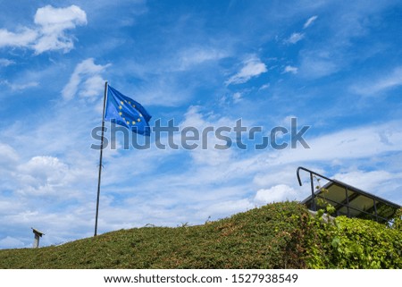 The European flag blows over the vineyards in Alsace / France