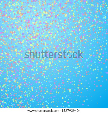 Festive confetti. Celebration stars. Colorful stars dense on blue sky background. Classy festive overlay template. Vibrant vector illustration.