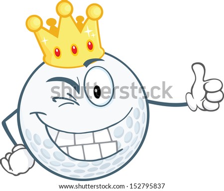 Winking Golf Ball Cartoon Character With Gold Crown Holding A Thumb Up. Raster Illustration