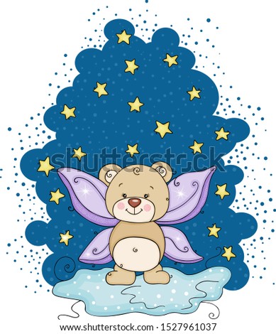 Night stars blue illustration with fairy teddy bear of purple wings