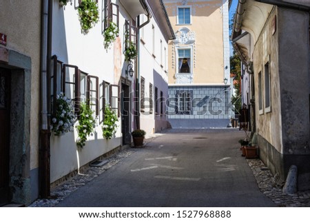 An old and beautiful street in Radovljica in Slovenia Royalty-Free Stock Photo #1527968888