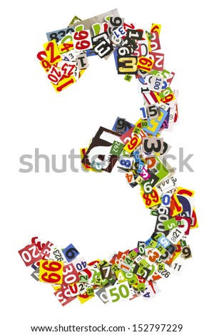 Number 3 isolated on a white background, Collage made of newspaper clipping 