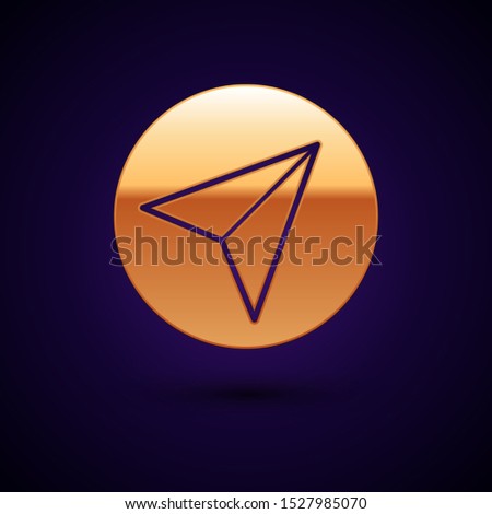Gold Paper airplane icon isolated on dark blue background.  Vector Illustration