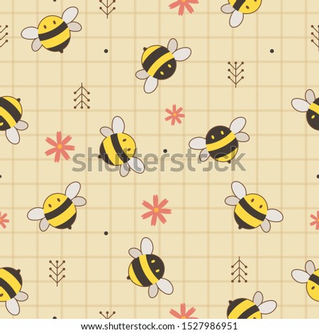 The seamless background of cute yellow and black bee with flower in flat vector style. Illustration for background, graphic, banner, sticker label and greeting card.