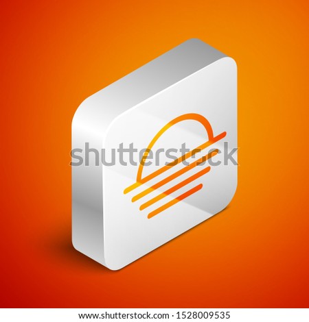 Isometric Sunset icon isolated on orange background. Silver square button. Vector Illustration