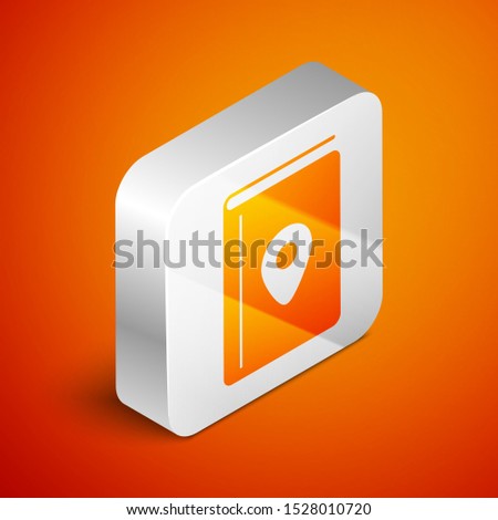 Isometric Cover book travel guide icon isolated on orange background. Silver square button. Vector Illustration
