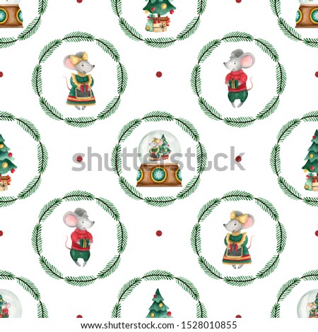 Seamless pattern with Christmas elements. Snow globe, mice, tree. Watercolor hand drawn