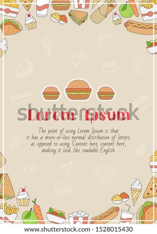 Fast Food card with text and vector color illustrations of sandwich, burger, hot dog, meat and desserts for graphic design