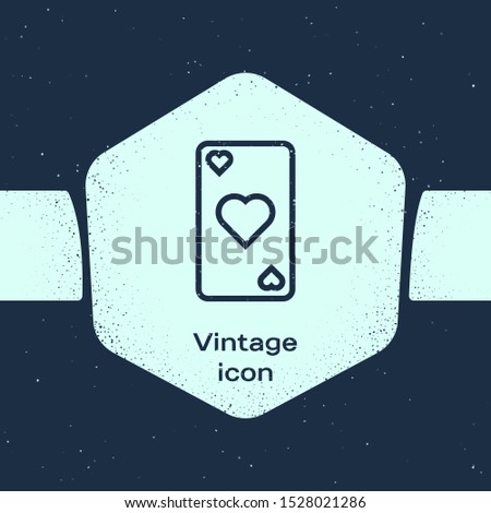 Grunge line Playing card with heart symbol icon isolated on blue background. Casino gambling. Monochrome vintage drawing. Vector Illustration