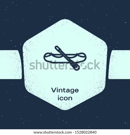 Grunge line Rafting boat icon isolated on blue background. Inflatable boat with paddles. Water sports, extreme sports, holiday, vacation. Monochrome vintage drawing. Vector Illustration