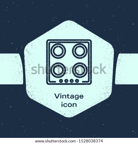 Grunge line Gas stove icon isolated on blue background. Cooktop sign. Hob with four circle burners. Monochrome vintage drawing. Vector Illustration