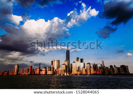Lower Manhattan panorama and Hudson River taken from Yersey City during sunset, New York City