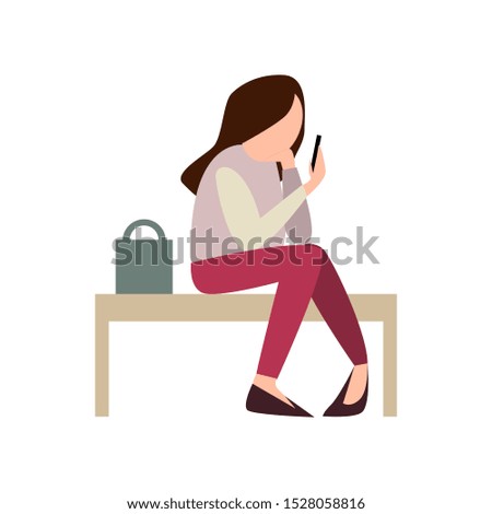 A young girl is sitting on a bench waiting. Looks at her smartphone. illustration on the queue, lateness, time planning. Vector illustration