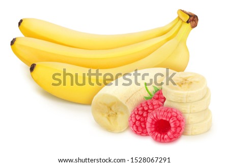 Composite image with raspberry and banana isolated on a white background. Healthy eating concept.