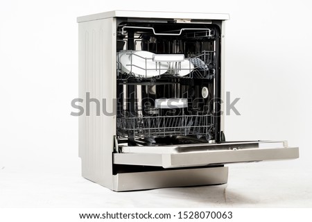 Modern european freestanding dishwasher machine isolated on white background Royalty-Free Stock Photo #1528070063